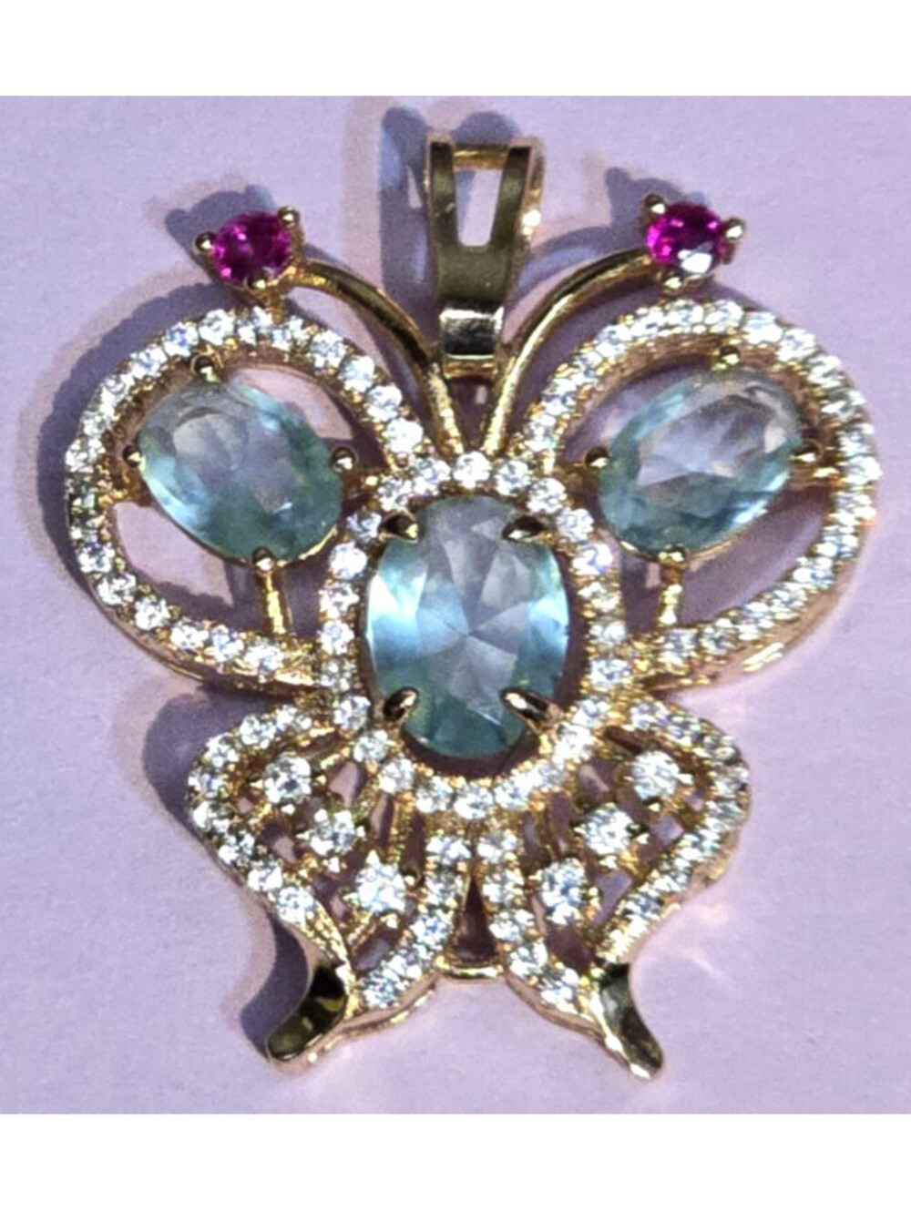 Beautiful Butterfly Pendant Sky Blue Topaz Ruby Cz Gold Tone